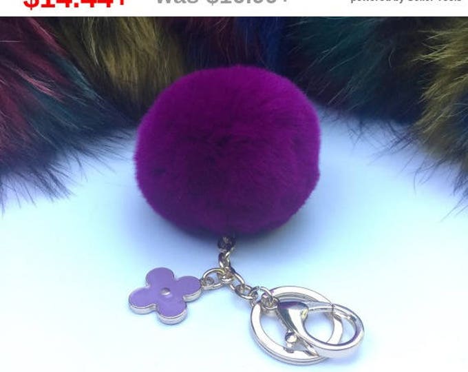 New! Summer Collection Electric Purple Rabbit fur pom pom keychain bag charm flower clover keyring