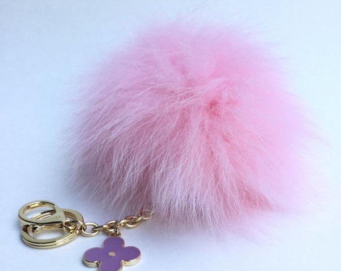 Light Pink Fox Fur Pompom bag charm pendant Fur Pompoms keychain with flower clover charm in silver