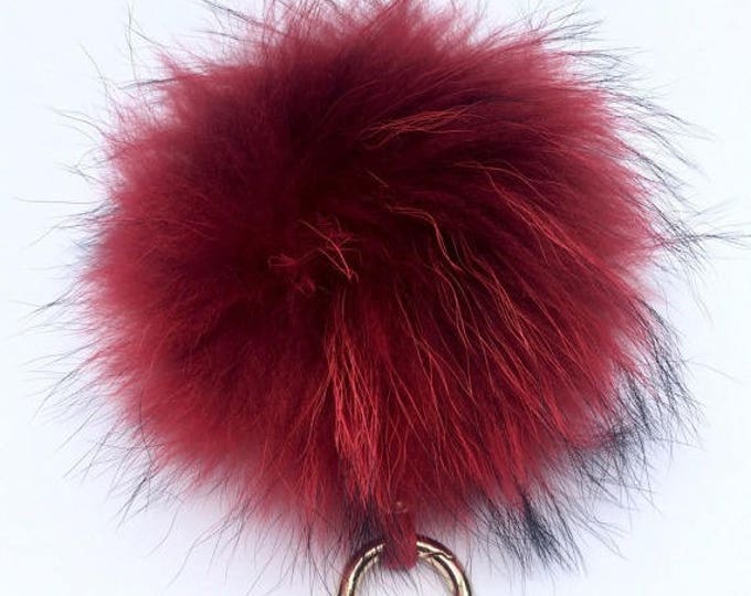 Pom-pom bag charm, fur pom pon keychain purse pendant in deep red