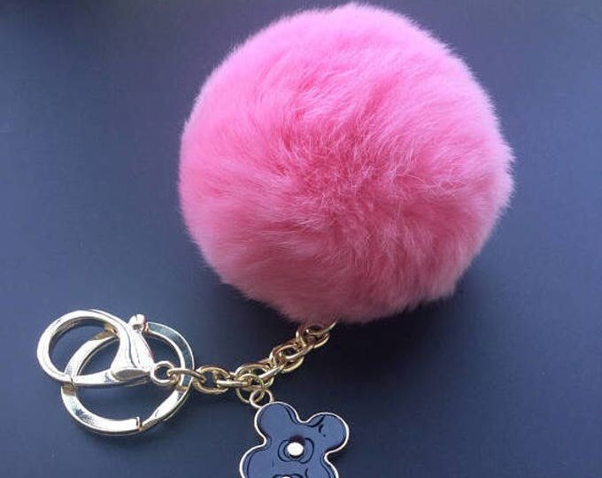 True Pink Cute Genuine Rabbit fluffy ball furkey fur ball pom pom keychain for car key ring Bag Pendant