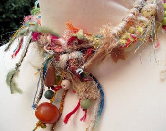 Fabric necklace choker vintage flower brooch handdyed silkcord