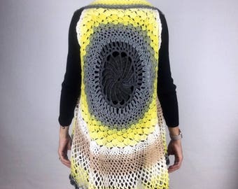 Pompin Bleu Crochet Mandala Vest, yellows and greys