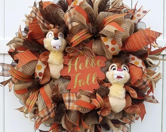 Fall Chip and Dale Wreath, Hello Fall Wreath, Fall Wreath, Autumn Wreath, Chip and Dale Wreath, Fall Decor, Autumn Decor, Disney Fall Wreath