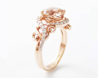 14k rose gold engagement ring rose gold morganite ring peach pink morganite engagement ring unique engagement - Wedding Rings Rose Gold 14k rose gold engagement ring rose gold morganite ring peach pink morganite engagement ring unique engagement - Wedding Rings Rose Gold