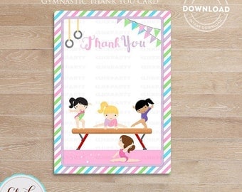 50% OFF SALE Gymnastic Thank you card, Note card, girl gymnast tumbling, Birthday party decorations, Party supplies, Instant Download