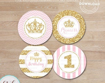 50% OFF SALE Pink and Gold Princess Cupcake toppers, Gold Glittler Cake, 1st birthday, first, Party Circles, Party Decorations,Printable Ins