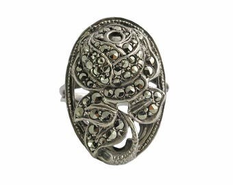 Art Deco Sterling Silver Marcasite Rose Ring