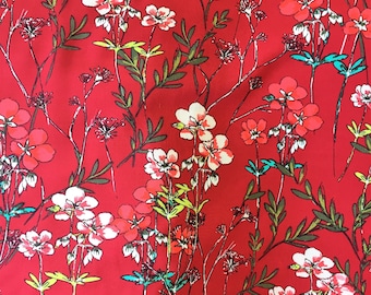 Floral Print Rayon Challis - Deep Red/Coral Pink/Leaf Green