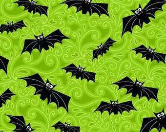 Halloween Fabric, Fangtastic, Black Bats Halloween Fabric, Glow in the Dark Halloween Fabric, by Henry Glass 1098-66