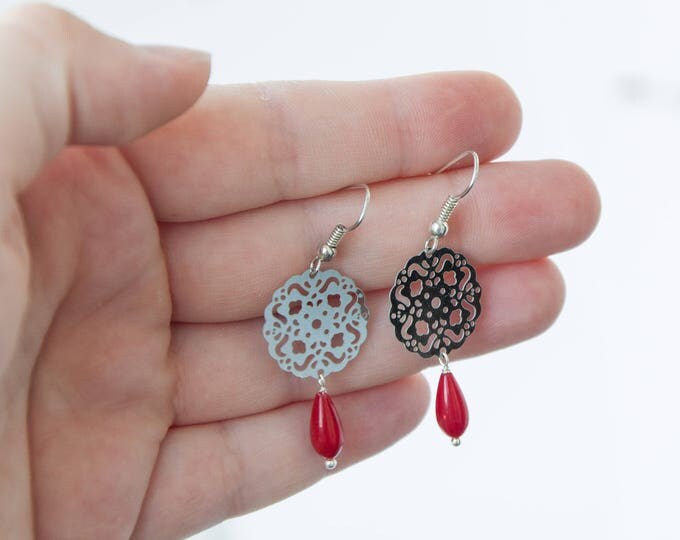 Red coral earrings, Red teardrop earrings, Filigree dangle earrings, Red coral drop earrings, Red earrings dangle