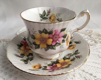 Paragon China Tea Cup and Saucer, Pink and Yellow Floral with Gold Trim
