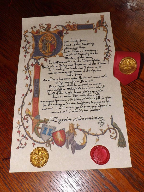 Game of Thrones Letter from Lord Tywin Lannister to Lord