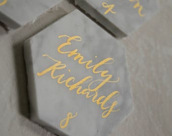 Marble Tile Place Card with Gold Calligraphy - Marble Hexagon - Wedding Place Card - Wedding Escort Card - Marble Escort Card