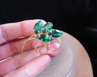 Vintage Goldtone & Green Rhinestone Floral Pin