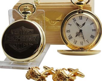Harley Davidson Gold Pocket Watch and Chain and Motorcycle Cufflinks gold Coated Motorbike Modern in Luxurious Gift Case Box Chopper Bike