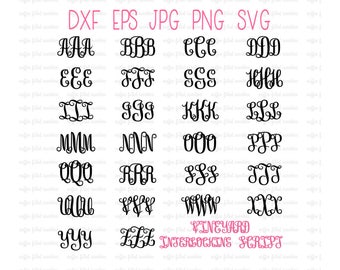 VINEYARD INTERLOCKING Script, Vine SVG Font, Vector Clipart, Classic Interlocking Monogram, Digital Instant Download in dxf eps jpg png svg