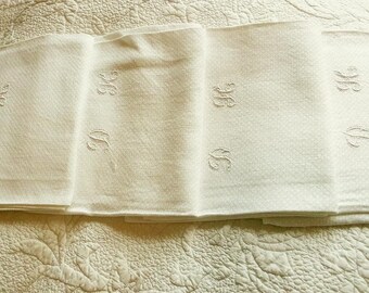 4 Antique French Hand Embroidered Serviettes