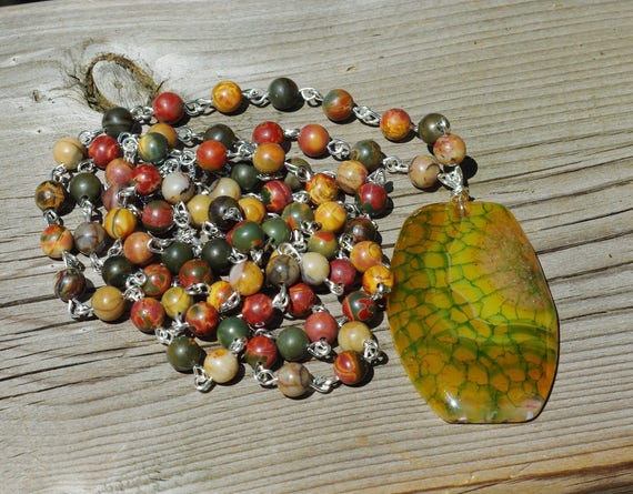 Picasso Jasper and Dragon Vein Agate Stone Statement Necklace ~  Rope Necklace  ~ Agate Stone Pendant ~ Extra Long Boho Necklace