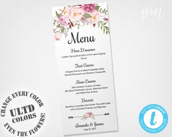 Wedding Menu Template, Printable Menu, Floral Wedding Menu Template, Wedding Dinner Menu, Instant Download, Edit in Our Web App