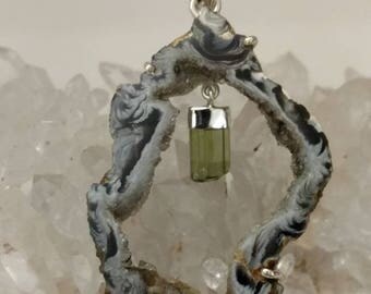 Huge Black Geode Druzy & Green Tourmaline Pendant Necklace