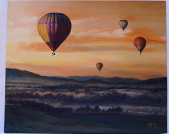 Original oil painting Flight landscape original art fine original painting original artwork handmade home decor oil on canvas air balloon