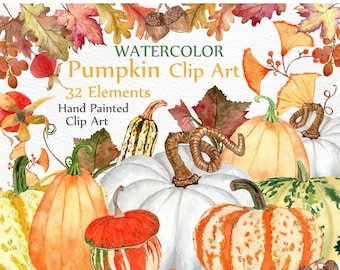 ON SALE 30% Watercolor pumpkin clipart: "AUTUMN Clipart" Fall clipart Autumn leaves Harvest clipart Pumkin Clip Art Thanksgiving clipart Diy