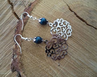 Silver earrings with blue print and swarovski Pearl Earrings