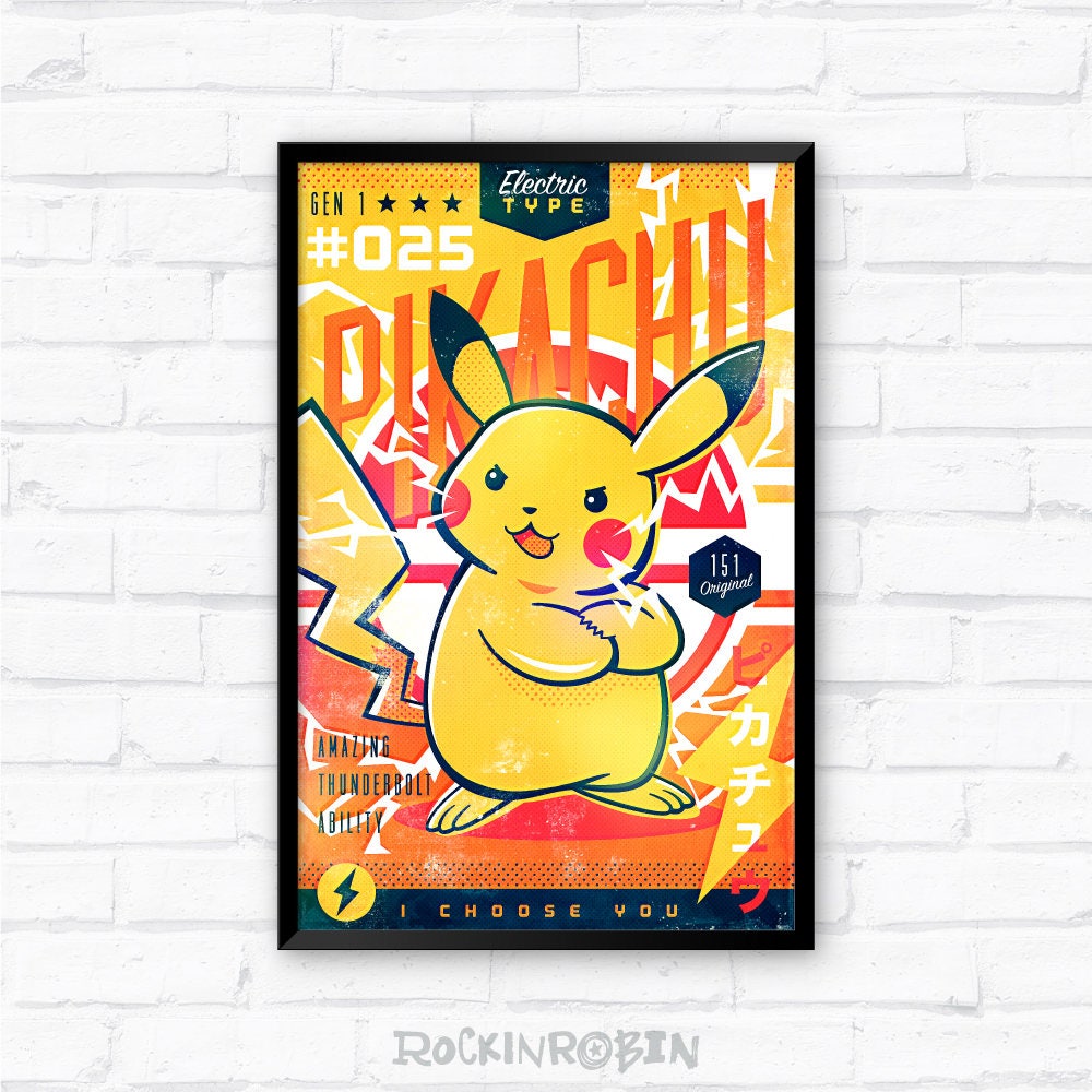 Pokemon Pikachu Old School Retro Art Poster Electric Pikachu