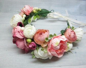 Wedding hair Gift|for|her Flower crown Bridesmaids hair Gift|for|bridal Wedding pink flower Bridal crown Wedding flower crown Prom hair