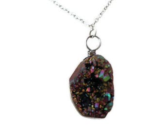 925 sterling silver peacock druzy pendent necklace, titanium coated peacock druzy pendent on 925 trace chain perfect bohemian style jewelry