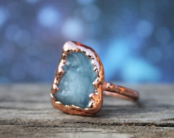 Aquamarine Gemstone Ring | March Birthstone Jewelry Birthday Gift for Her Electroformed Rose Gold Toned Copper Pale Blue Stone Ring