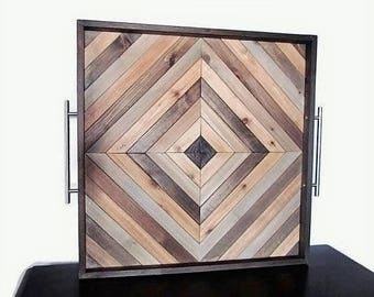 Large Ottoman Tray, 25", Wooden Serving Tray, Square Ottoman Tray, Sofa Tray, Rustic Wood Tray, Breakfast, Reclaimed Wood, Geometric tray