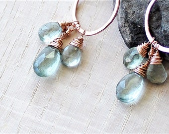 Moss Aquamarine Dangle Earrings, Moss Aquamarine Hoop Earrings, Moss Aquamarine and Rose Gold Filled, March Birthstone, Gift for her