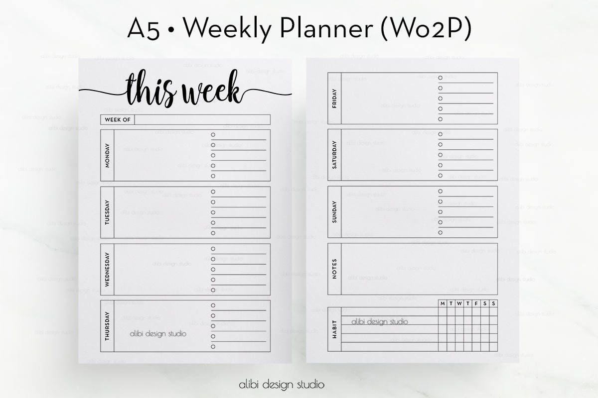 week on two pages a5 planner inserts weekly planner undated