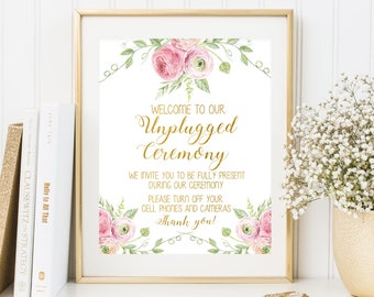 Unplugged Ceremony Sign Unplugged Wedding Sign Pink Floral Unplugged Wedding Sign No Cameras Sign No Cell Phone Sign Printable Wedding Sign