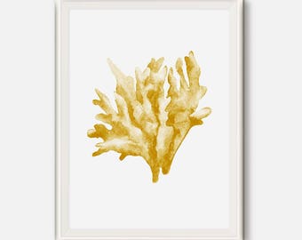 Gold Nautical Wall art, Gold Decor, Yellow Gold Art, Coastal Decor, Beach house Art, Coral Prints, Gold Watercolor Art, Beach Bathroom