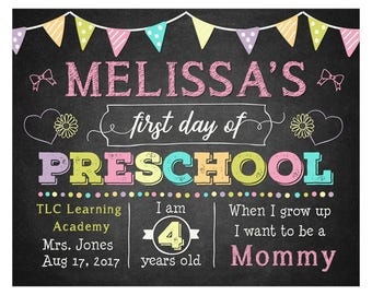 Girl First Day of Preschool Sign - 1st Day of School Printable - First Day of School Sign - Photo Prop- Chalkboard Sign - Digital or Printed