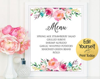 8x10 Menu Template, Watercolor Menu, Menu Template, Printable Menu Card, Wedding Menu Card, Editable Menu, Wedding Template, Menu Card
