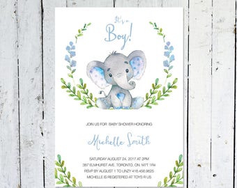 Baby Shower Invitation Boy, Elephant Baby Shower Invitation, It's A Boy, Wreath, Greenery, Blue, Grey, Printable, Printed
