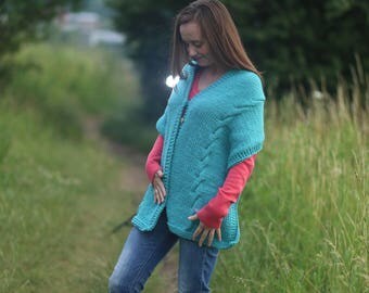 Poncho shawl Turquoise wool poncho Womens poncho Turquoise wool shawl Knitted poncho Turquoise oversized scarf Winter poncho Knit wool wrap