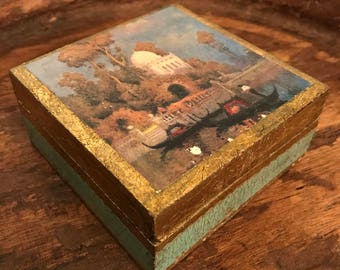 Vintage Italian Florentia Wooden Box with Hinged Lid Featuring Domed Church & Gondola Scene | Hand Made in Italy