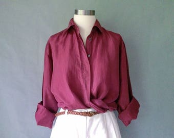 Vintage silk blouse/ button down blouse /shirt /top minimalist blouse/ burgundy/size S/M/L
