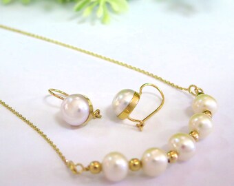 14K Gold Pearl Set - Wedding Pearl Earrings - Gold Pearl Necklace - Bridal Earrings - Wedding Jewelry - Pearl Earrings - Drop Pearl Earrings