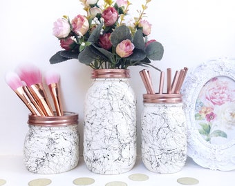 White marble, black marble effect ball mason jar, marble desk accessories, marble decor, makeup brush holder, teen room, marble storage jar