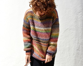 rainbow colorful wool sweaters, hand knitted, oversized, free shipping