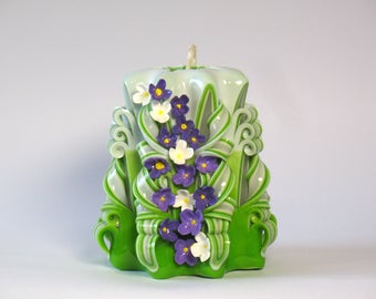 Carved candle candles hand made mother's day gift green flowers Candles carved unique gift spring candle lilac flower
