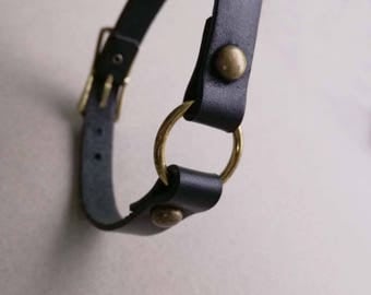 Black leather bdsm collar. Gothic o-ring choker. Punk rock collar. Leather collar. Fetish wear. Black leather choker. O-ring collar.