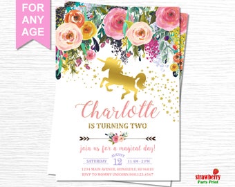 Unicorn Birthday Invitation. Unicorn First Birthday Invitation. Magical Unicorn Birthday Invitation. Pink Purple Floral Unicorn. A34