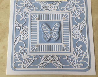 Handmade Happy Birthday card gorgeous pretty delicate blue & white butterfly with swirls faux pearls 6" square