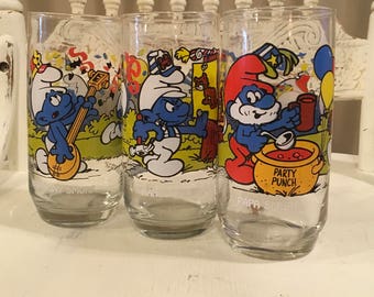 Vintage smurf glasses glass harmony handy papa cartoon tumblers drinking water kids collector retro gift